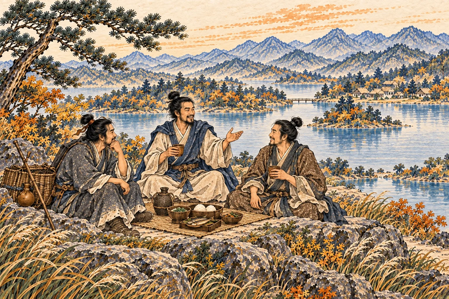 Three friends exchange ideas and a simple meal beside two joined lakes.