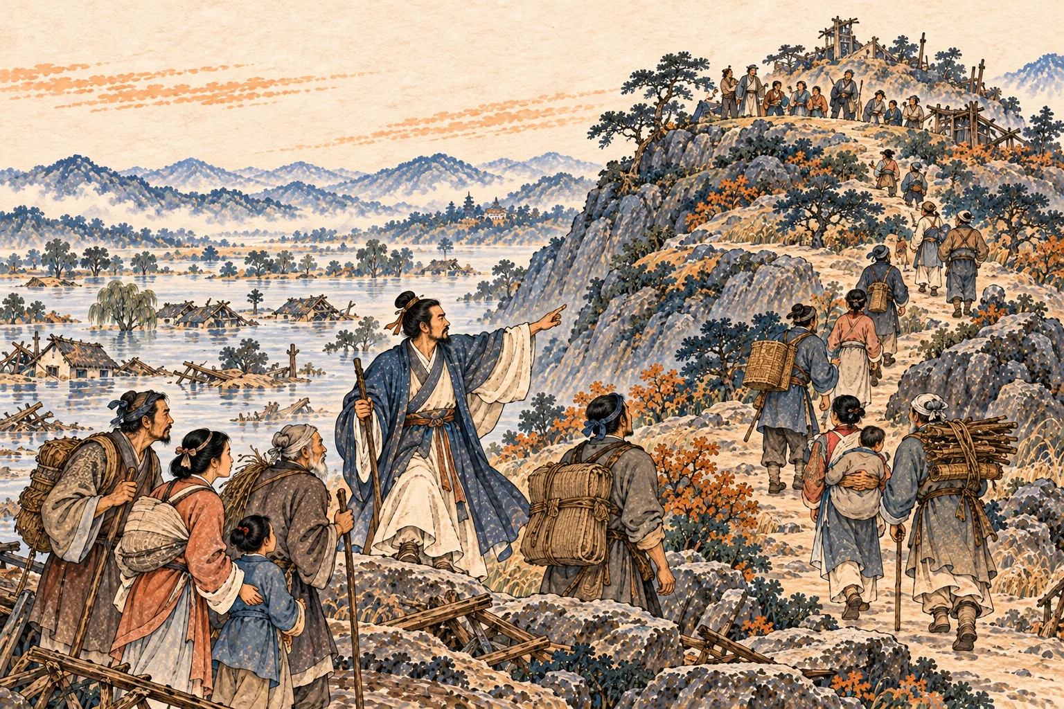 A community organizer guides separated groups toward common safety on a high hill after a flood.