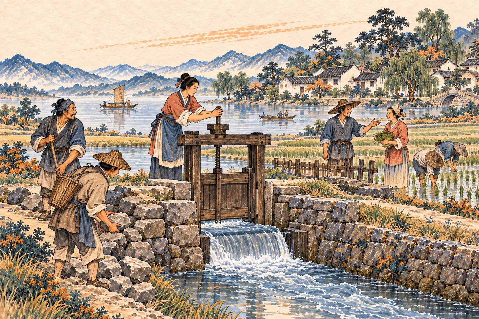 A village water steward adjusts a sluice so water reaches fields without flooding homes.