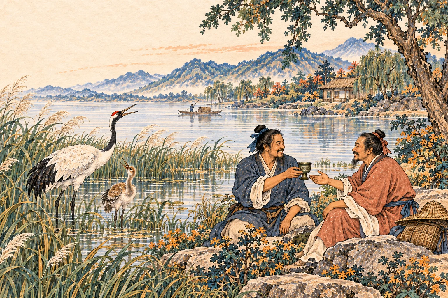 A crane calls in shaded reeds, its chick answers, and two companions share a cup beside the lake.