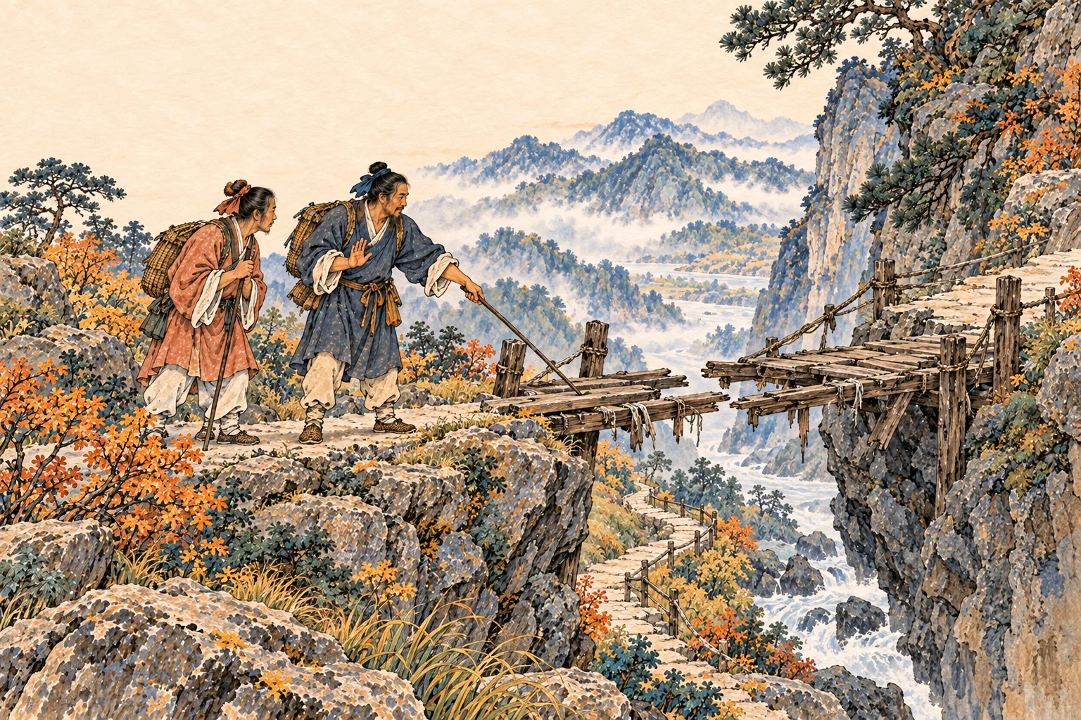 Two travelers stop at a broken mountain bridge and test the route before proceeding.