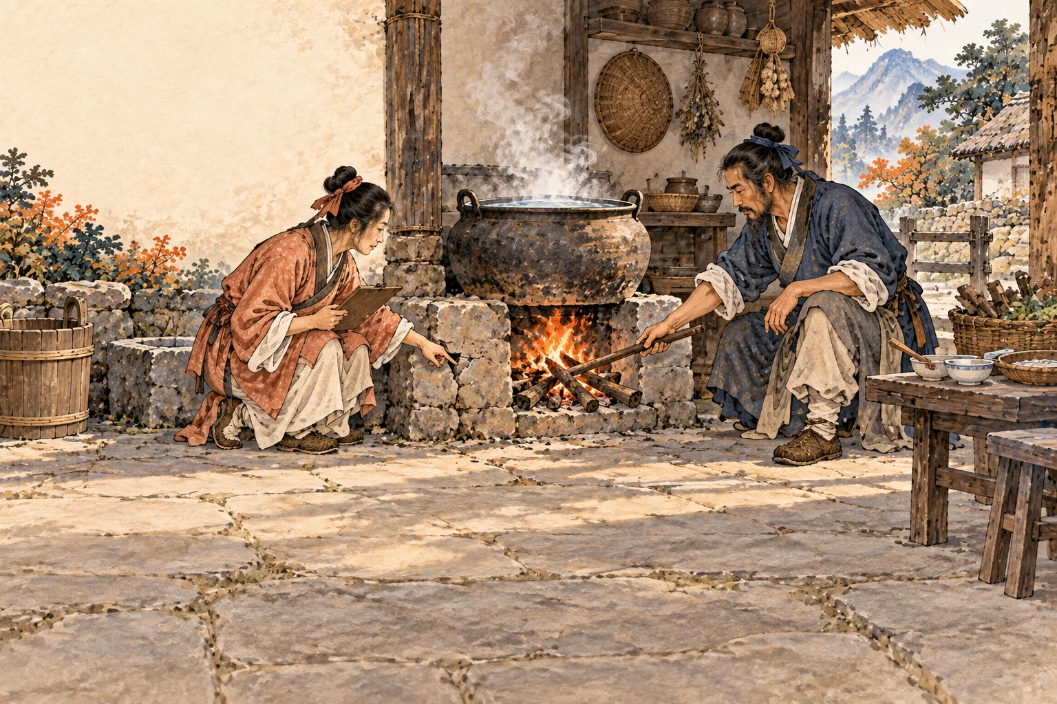 A vessel of water rests above a cooking fire as two people continue to tend it after the meal is ready.