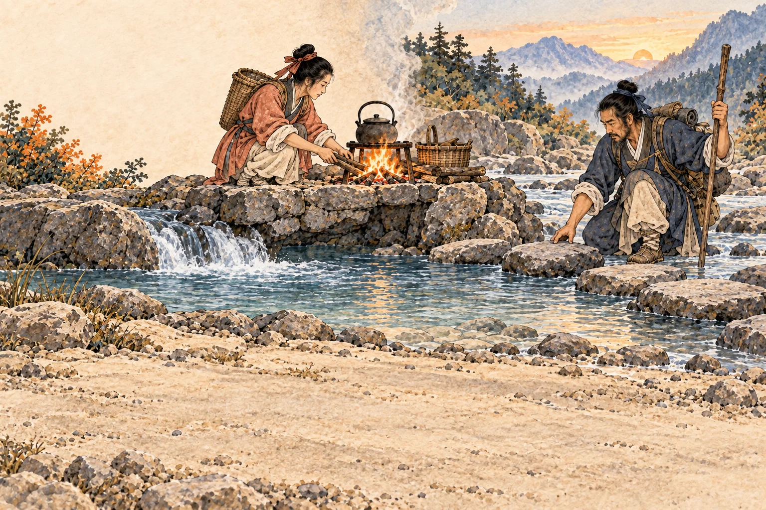 A small fire burns on a raised stone bank above the river water as two travelers prepare the next crossing.