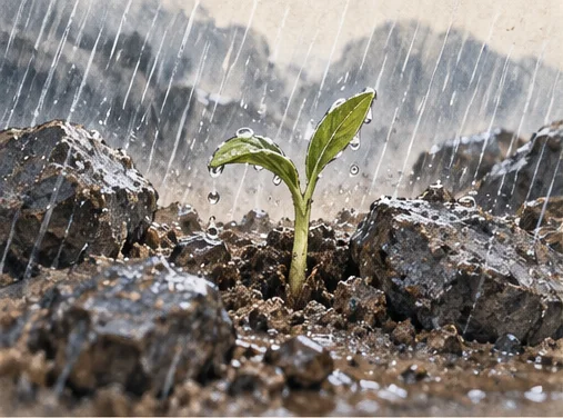 A new sprout pushes through rain-soaked stones at the beginning of growth.