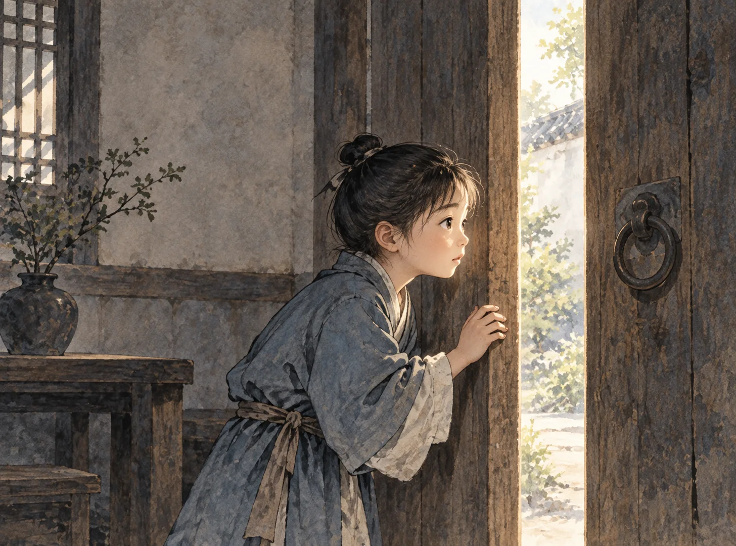 A curious child opens a heavy wooden door and looks from a dim room into the light outside.