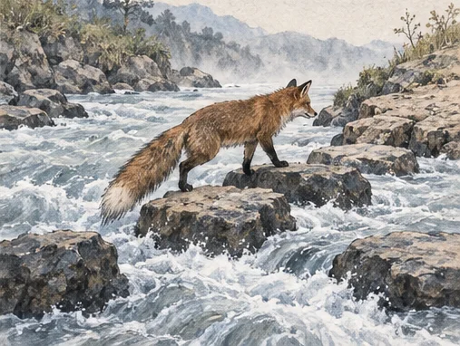 Fire above water · The crossing remains.