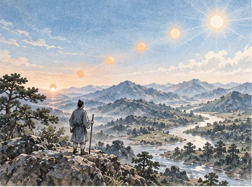 The sun rises through six stages and gradually illuminates the landscape.