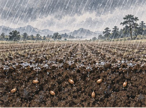 Rain falls across open earth, where the soil receives water and holds seeds.