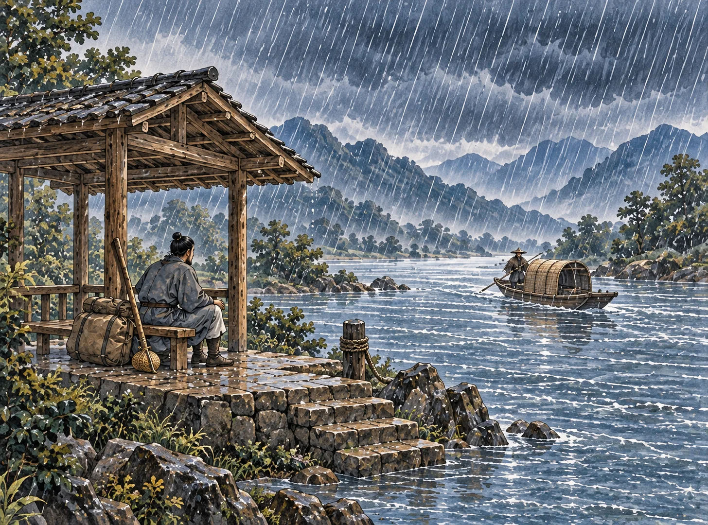 A traveler waits under a riverside shelter in heavy rain while a boat approaches from upstream.