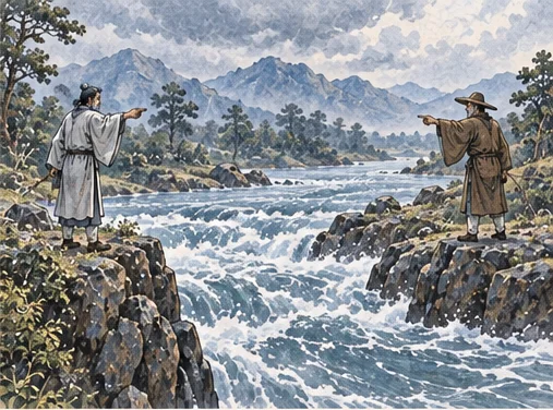Two travelers stand on opposite banks as sky and water move in different directions.