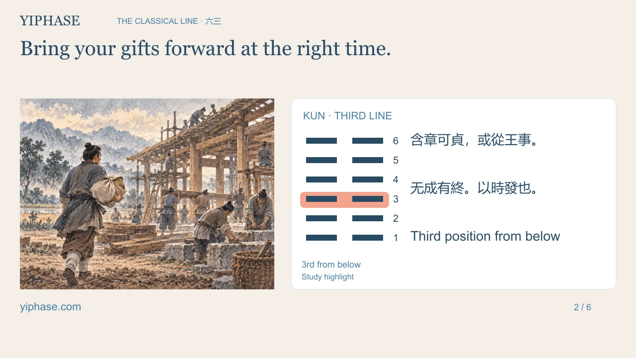 Bring your gifts forward at the right time.; six broken Kun lines with the third position from below highlighted for study