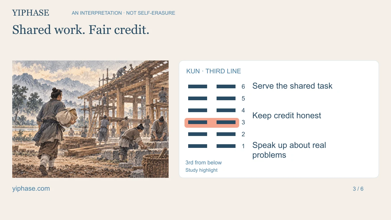 Shared work. Fair credit.; six broken Kun lines with the third position from below highlighted for study