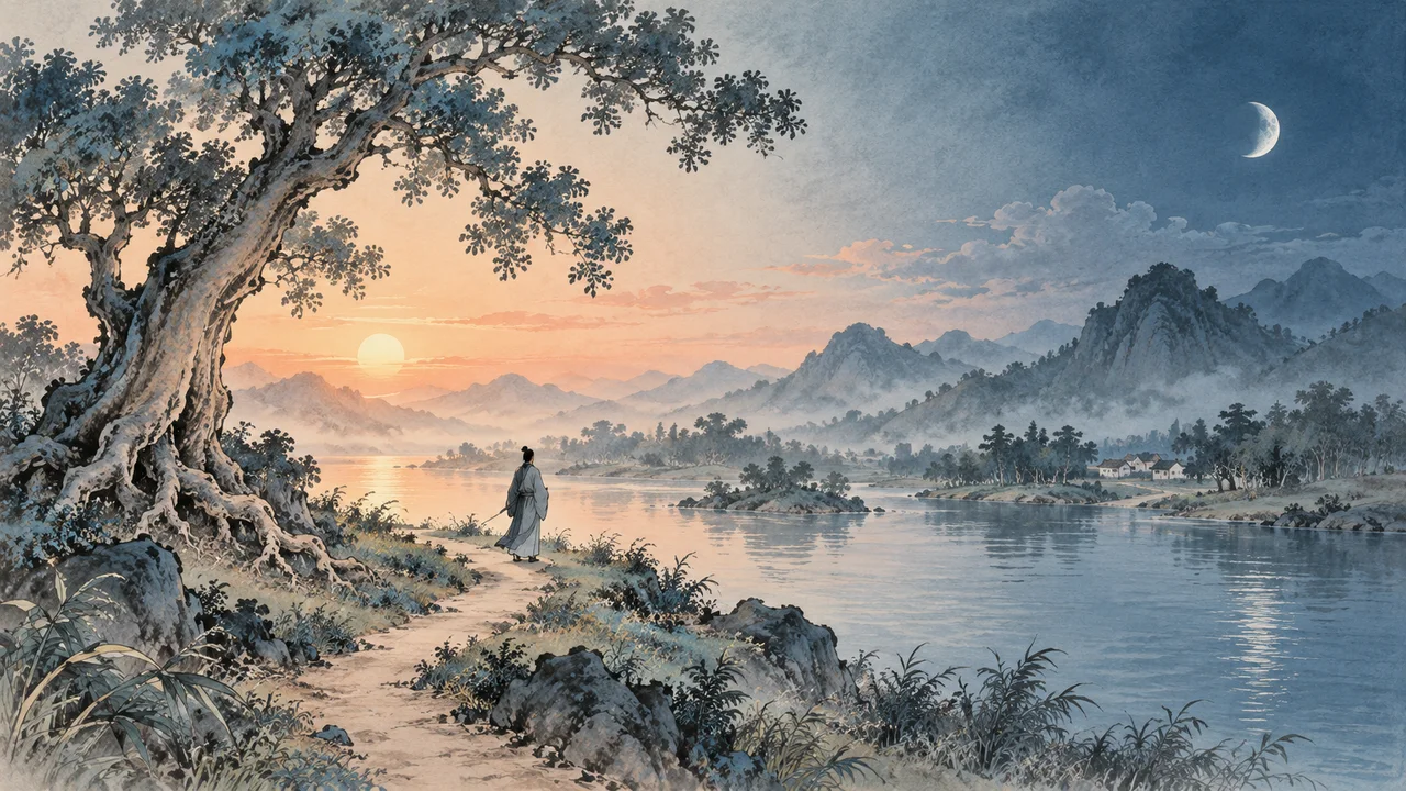 A person observes a river and mountains beneath a sky moving symbolically from sunlight to moonlight; a rooted tree stands beside the path