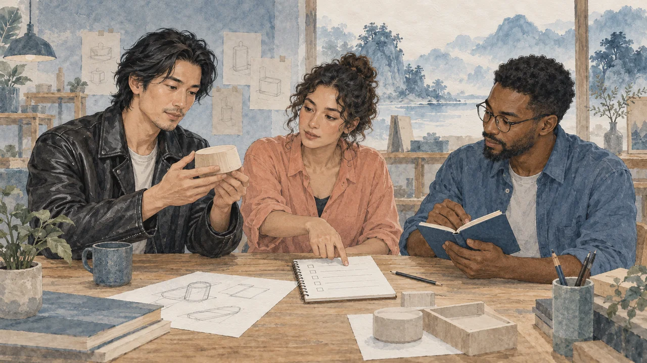 Three partners examine a simple prototype, point to a checklist and take notes around a worktable