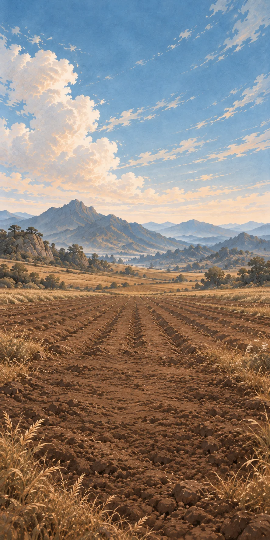 Broad dry earth and cultivated fields
